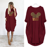 Mickey Mouse Dress for Women Casual Loose Midi Dresses Leopard Print Pocket Vintage Vestido Fall Maxi Clothes Kawaii Robe Femme