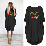 Mickey Mouse Dress for Women Casual Loose Midi Dresses Leopard Print Pocket Vintage Vestido Fall Maxi Clothes Kawaii Robe Femme
