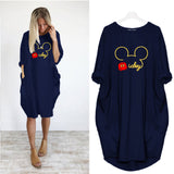 Mickey Mouse Dress for Women Casual Loose Midi Dresses Leopard Print Pocket Vintage Vestido Fall Maxi Clothes Kawaii Robe Femme
