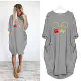 Mickey Mouse Dress for Women Casual Loose Midi Dresses Leopard Print Pocket Vintage Vestido Fall Maxi Clothes Kawaii Robe Femme