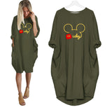 Mickey Mouse Dress for Women Casual Loose Midi Dresses Leopard Print Pocket Vintage Vestido Fall Maxi Clothes Kawaii Robe Femme