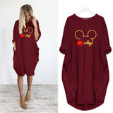 Mickey Mouse Dress for Women Casual Loose Midi Dresses Leopard Print Pocket Vintage Vestido Fall Maxi Clothes Kawaii Robe Femme