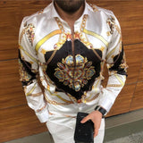 Leopard Color Piece Men's Slim Shirt Autumn Casual Turn-down Collar Streetwear Fashion Together print  Long Sleeve Shirt To