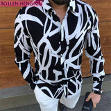 Leopard Color Piece Men's Slim Shirt Autumn Casual Turn-down Collar Streetwear Fashion Together print  Long Sleeve Shirt To