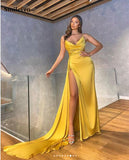 Smileven Yellow Sexy V Neck Mermaid Evening Dress Strapless High Side Split Prom Dresses Dubai Celebrity Dresses Party Gowns
