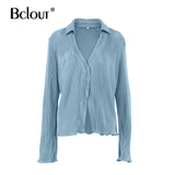 Bclout Green Vintage Flare Sleeve Blouse Shirt Spring Casual Single Breasted Women Top Autumn Oversize Turn Down Collar Shirts