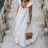 Loose Sexy Sleeveless Robe with Long Ruffles Sundress Solid Maxi Dress