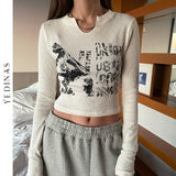 Yedinas Vintage Letter Print Long Sleeve Korean Style Chic Crop Top