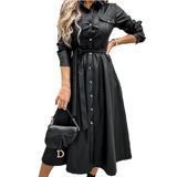 Women Office Lady PU A line Solid Turn Down Collar Single Breasted Sashes Black New Autumn Casual Party Chic Long Dress