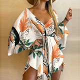 Summer Women Elegant Dresses Sexy V Neck Lace-up Floral Print Mini Dress Casual Flared Sleeves Irregular Ladies Party Dress