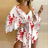 Summer Women Elegant Dresses Sexy V Neck Lace-up Floral Print Mini Dress Casual Flared Sleeves Irregular Ladies Party Dress
