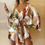 Summer Women Elegant Dresses Sexy V Neck Lace-up Floral Print Mini Dress Casual Flared Sleeves Irregular Ladies Party Dress