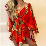 Summer Women Elegant Dresses Sexy V Neck Lace-up Floral Print Mini Dress Casual Flared Sleeves Irregular Ladies Party Dress