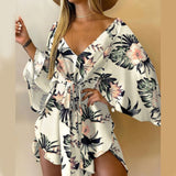 Summer Women Elegant Dresses Sexy V Neck Lace-up Floral Print Mini Dress Casual Flared Sleeves Irregular Ladies Party Dress