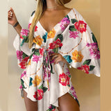 Summer Women Elegant Dresses Sexy V Neck Lace-up Floral Print Mini Dress Casual Flared Sleeves Irregular Ladies Party Dress