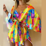 Summer Women Elegant Dresses Sexy V Neck Lace-up Floral Print Mini Dress Casual Flared Sleeves Irregular Ladies Party Dress