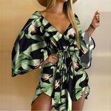 Summer Women Elegant Dresses Sexy V Neck Lace-up Floral Print Mini Dress Casual Flared Sleeves Irregular Ladies Party Dress