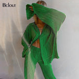 Bclout Green Vintage Flare Sleeve Blouse Shirt Spring Casual Single Breasted Women Top Autumn Oversize Turn Down Collar Shirts