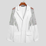 Men Blazer Mesh Patchwork See Through Streetwear Double Breasted Lapel