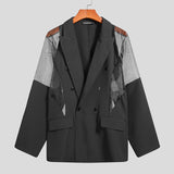 Men Blazer Mesh Patchwork See Through Streetwear Double Breasted Lapel