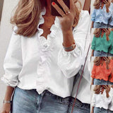 PlusSister 2021 Autumn Elegant Ruffles Women Shirt Blouses Casual V Neck Long Sleeve Loose Female Tunic White Shirt For Women