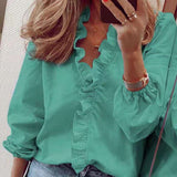 PlusSister 2021 Autumn Elegant Ruffles Women Shirt Blouses Casual V Neck Long Sleeve Loose Female Tunic White Shirt For Women