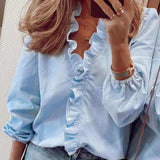 PlusSister 2021 Autumn Elegant Ruffles Women Shirt Blouses Casual V Neck Long Sleeve Loose Female Tunic White Shirt For Women