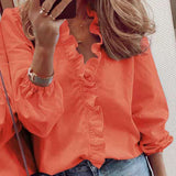 PlusSister 2021 Autumn Elegant Ruffles Women Shirt Blouses Casual V Neck Long Sleeve Loose Female Tunic White Shirt For Women