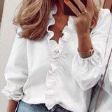 PlusSister 2021 Autumn Elegant Ruffles Women Shirt Blouses Casual V Neck Long Sleeve Loose Female Tunic White Shirt For Women