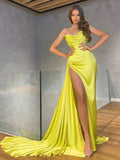 Smileven Yellow Sexy V Neck Mermaid Evening Dress Strapless High Side Split Prom Dresses Dubai Celebrity Dresses Party Gowns