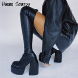 Punk Style Platform Boots Elastic Microfiber Shoes Woman Spice Ankle Boots High Heels Black Thick Platform Long Knee High Boots