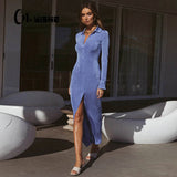 CNYISHE Fall Breasted Long Sleeve Maxi Dresses Turn-down Collar Pure Color Split Dress