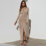 CNYISHE Fall Breasted Long Sleeve Maxi Dresses Turn-down Collar Pure Color Split Dress