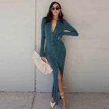 CNYISHE Fall Breasted Long Sleeve Maxi Dresses Turn-down Collar Pure Color Split Dress