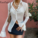 Forefair 2021 Autumn Women Sexy T Shirts Vintage Fashion V Neck Button Y2k See Through White Casual Long Sleeve Top Ladies