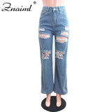 [Znaiml] High Waist Straight Baggy Ripped Jeans for Women