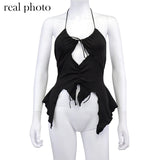 ALLNeon 2000s Aesthetics Sexy Ruffles Cut Out White Tank Tops Y2K Fashion Bandage Hollow Out Halter Tops Drawstring Clubwear