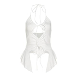 ALLNeon 2000s Aesthetics Sexy Ruffles Cut Out White Tank Tops Y2K Fashion Bandage Hollow Out Halter Tops Drawstring Clubwear