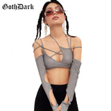 Goth Dark Cyber Y2k Techwear Punk Women Halter Tops Gothic egirl Patchwork Long Sleeve Crop Top Sexy Cut Out Casual T-shirts