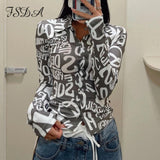 FSDA Letter Print Long Sleeve T Shirts Blue Sexy Women V Neck Black Autumn Summer Casual Crop Tops