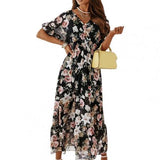 Women Summer Dress Floral Print Elastic Tight Waist Wide Hem Sexy V Neck Ruffle Cuff Dress