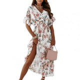 Women Summer Dress Floral Print Elastic Tight Waist Wide Hem Sexy V Neck Ruffle Cuff Dress