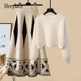 Plus Size Women Autumn Winter Warm Knitted Two Pieces Sets Korean Long Sleeve Pullover Sweater Top And High Waist Skirts Sets