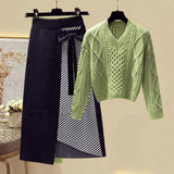 Plus Size Women Autumn Winter Warm Knitted Two Pieces Sets Korean Long Sleeve Pullover Sweater Top And High Waist Skirts Sets