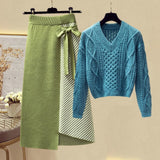 Plus Size Women Autumn Winter Warm Knitted Two Pieces Sets Korean Long Sleeve Pullover Sweater Top And High Waist Skirts Sets