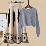 Plus Size Women Autumn Winter Warm Knitted Two Pieces Sets Korean Long Sleeve Pullover Sweater Top And High Waist Skirts Sets