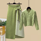 Plus Size Women Autumn Winter Warm Knitted Two Pieces Sets Korean Long Sleeve Pullover Sweater Top And High Waist Skirts Sets