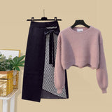 Plus Size Women Autumn Winter Warm Knitted Two Pieces Sets Korean Long Sleeve Pullover Sweater Top And High Waist Skirts Sets