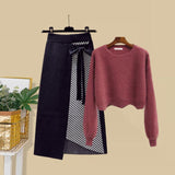 Plus Size Women Autumn Winter Warm Knitted Two Pieces Sets Korean Long Sleeve Pullover Sweater Top And High Waist Skirts Sets