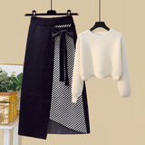 Plus Size Women Autumn Winter Warm Knitted Two Pieces Sets Korean Long Sleeve Pullover Sweater Top And High Waist Skirts Sets
